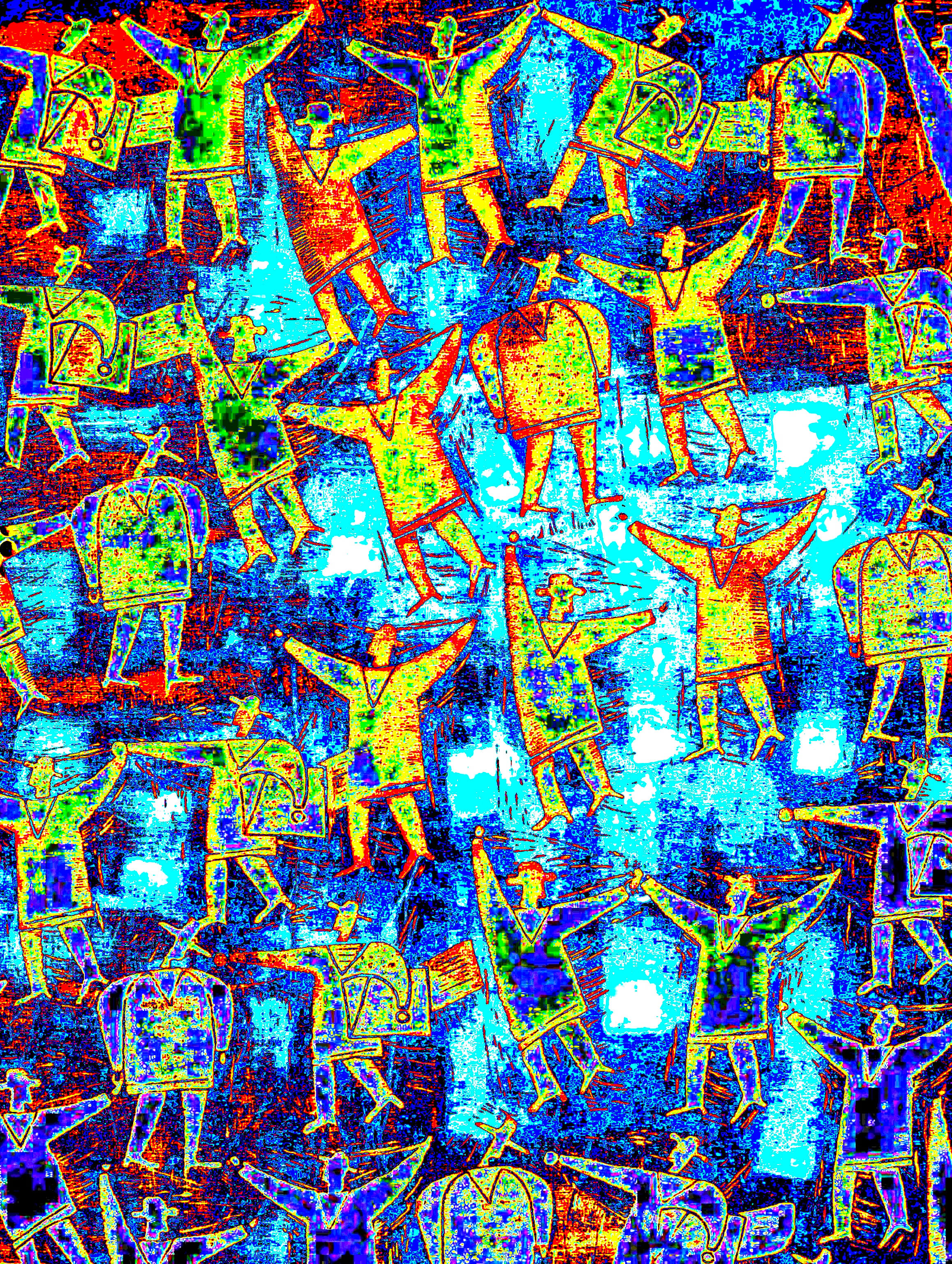 A Day at the Stock Exchange in Frankfurt. Acrylics and Linoleum prints on Canvas, 1.3m x 1.0m, 2005