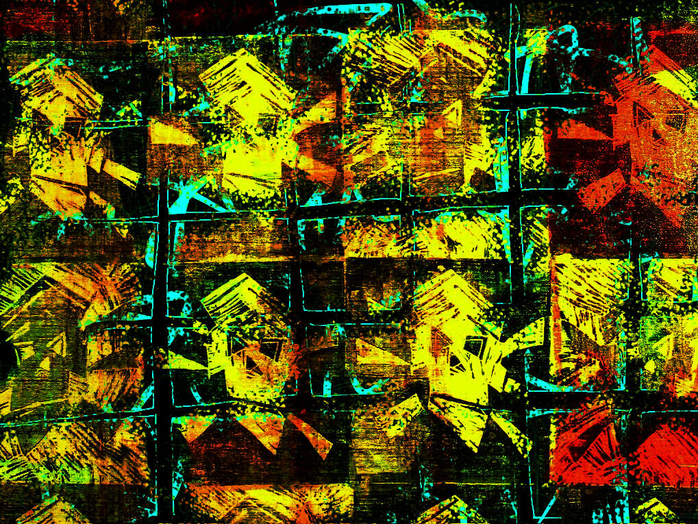 "Skellingtons" 2009 acrylics and linoleum prints on canvas 1.2m by 1.0m